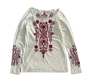 Johnny Was Los Angeles Embroidered Long Sleeve Top Cream Burgandy Floral Size S